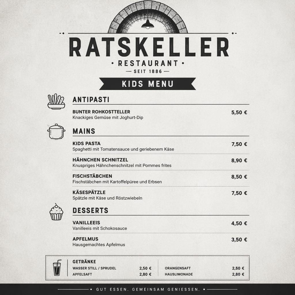A4-Menükarte für Kinder von Restaurant Ratskeller, Thai-Stil, monochrom, mit Rubriken, Platzhaltertext und Preisspalte.
