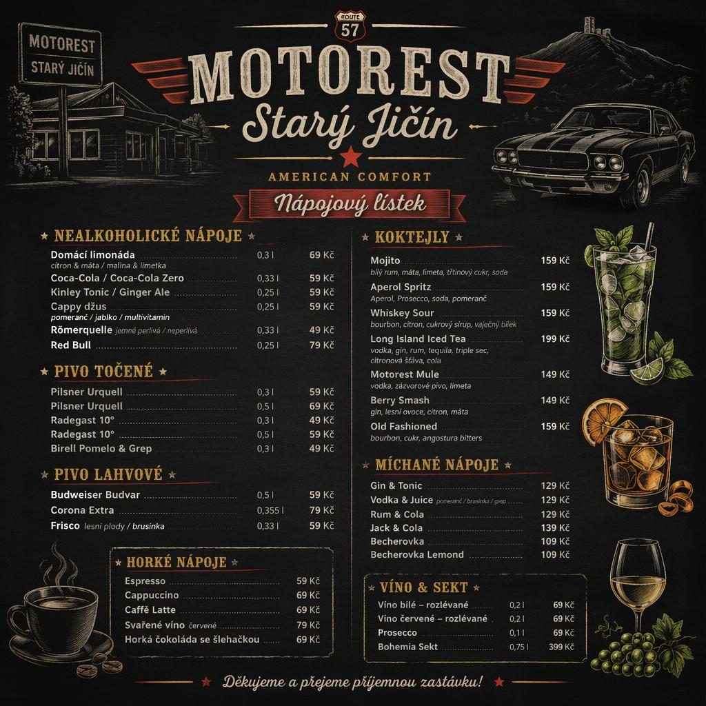 A4 koktejlový lístek v křídovém café stylu, teplá zemitá paleta, dekorativní hlavička, sekce a sloupec s cenami.