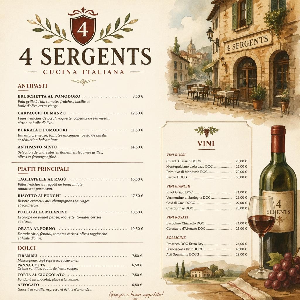 Carte des vins italienne A4 en portrait pour restaurant 4 sergents, style aquarelle chaleureux, en-tête décoratif et prix.