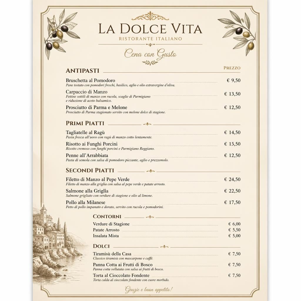 A4-Menükarte im italienischen Fine-Dining-Stil mit warmen Erdtönen, Abschnittsüberschriften, Platzhaltertext und Preisspalte