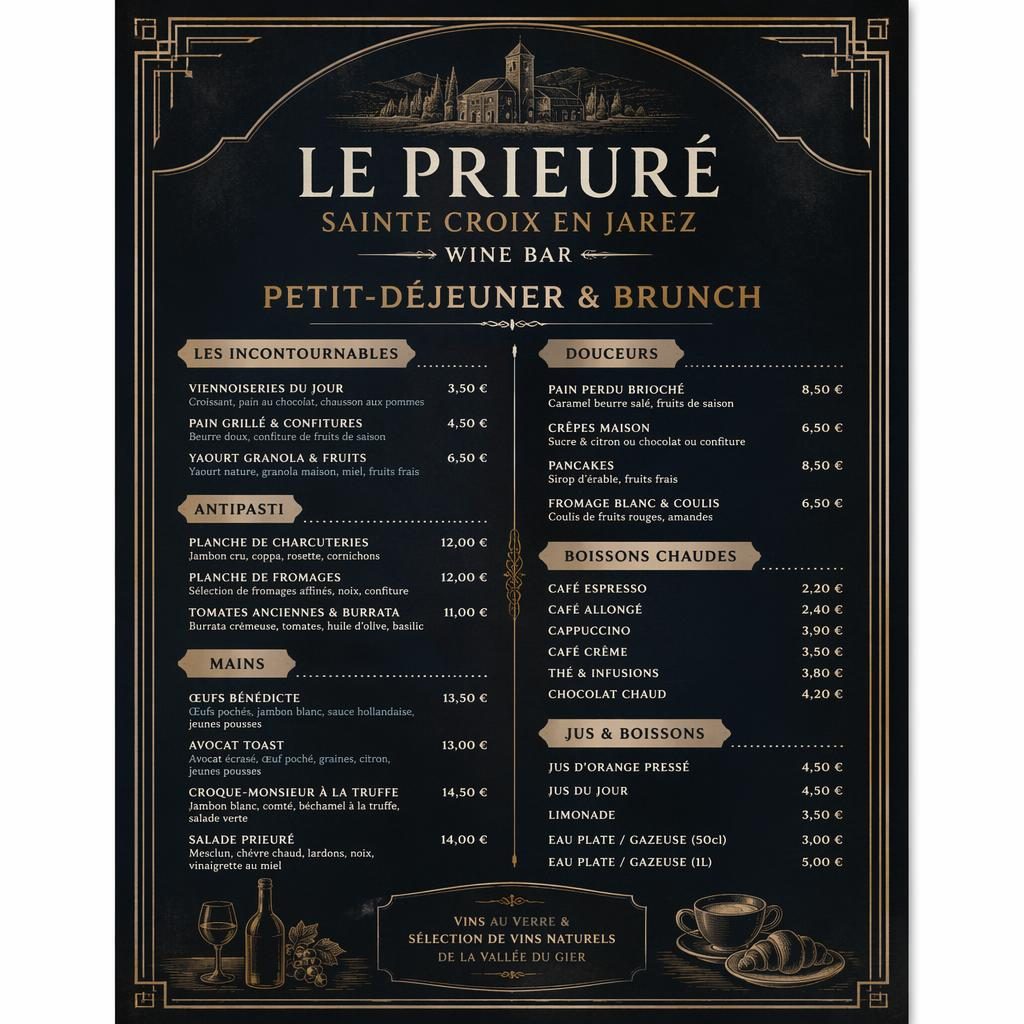 Carte de menu brunch A4 portrait, style vintage années 1920, palette sombre, en-tête décoratif, colonnes de prix.