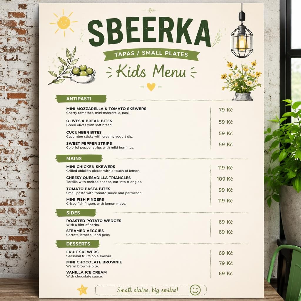 A4 jídelní lístek pro děti ve stylu industriálního loftu, jarní paleta, sekce jídel, ceny a dekorativní hlavička.