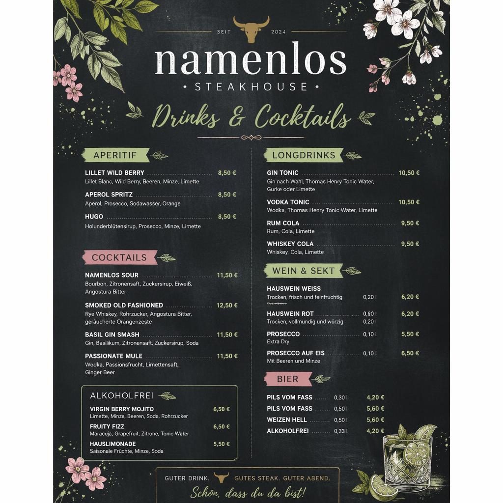 A4-Menükarte im Kreidetafel-Stil für restaurant namenlos, mit dekorativer Kopfzeile, Platzhaltertext und Preisspalte.