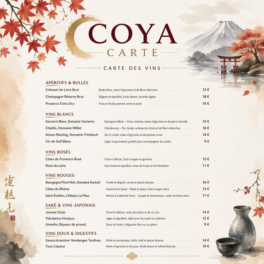 Carte de menu A4 portrait pour coya carte, liste de vins sushi japonaise, style aquarelle aux tons d’automne.