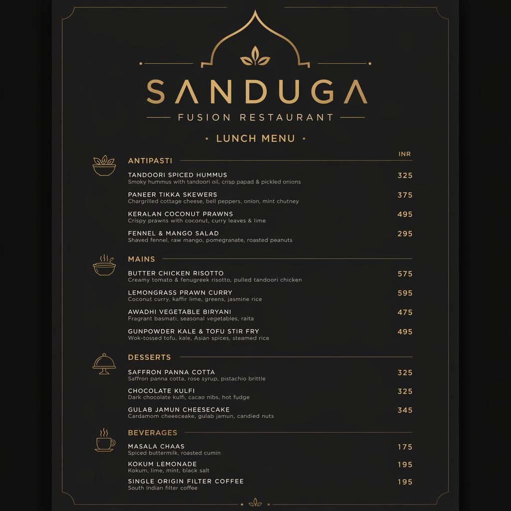 A4 obědové menu pro Sanduga Fusion Restaurant v minimalistickém švýcarském stylu, tmavá paleta, ceny a sekce.
