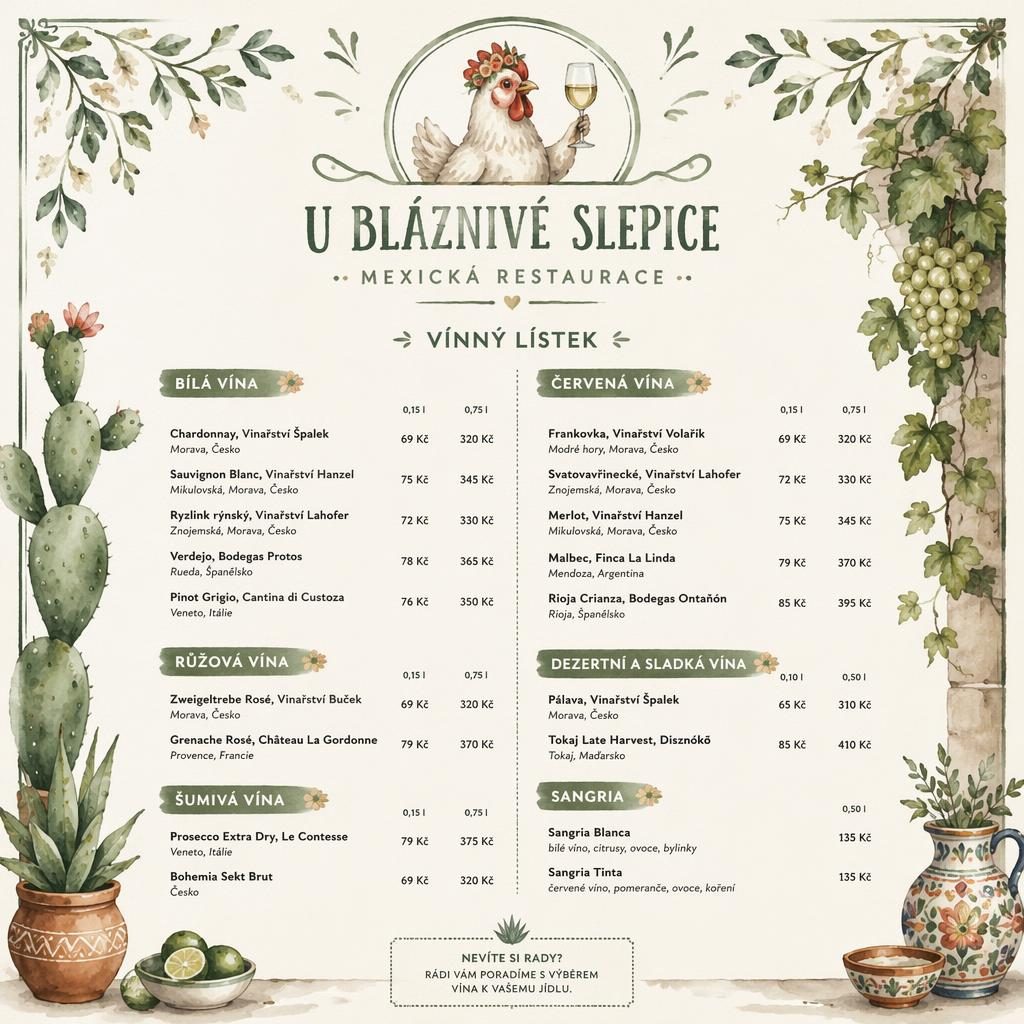 Akvarelový vínový lístek A4 na výšku pro mexickou restauraci v tónech šalvěje a slonové kosti.