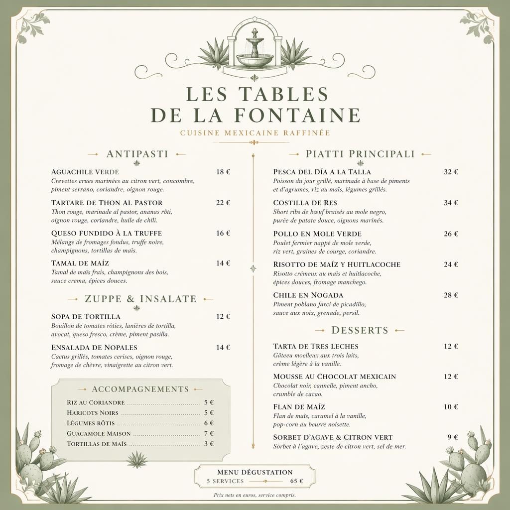 Carte de menu mexicain haut de gamme en format A4 portrait, palette sauge et ivoire, en-tête décoratif et colonne de prix.