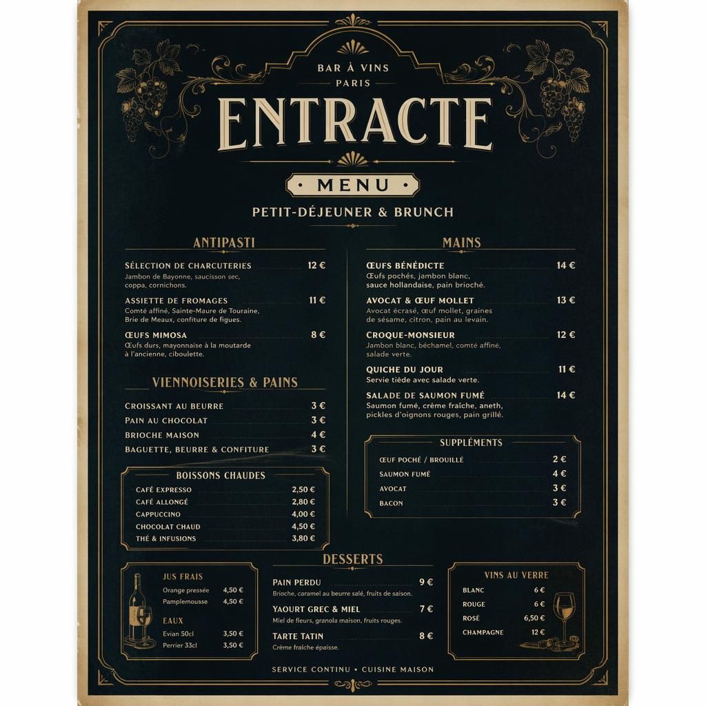 Carte de menu A4 verticale style années 1920, palette sombre, en-tête décoratif, rubriques brunch et colonne de prix.