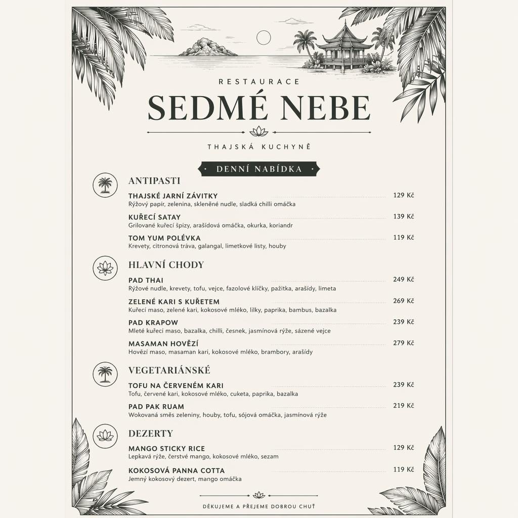 A4 menu karta na výšku pro restaurace sedmé nebe, tropický minimalistický design, sekce jídel a sloupec s cenami.