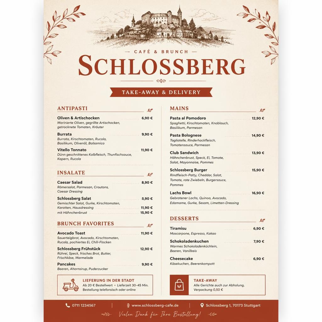 A4-Menükarte für Restaurant Schlossberg in warmem Creme-Rost, mit dekorativem Kopf, Rubriken, Platzhaltertext und Preisspalte.