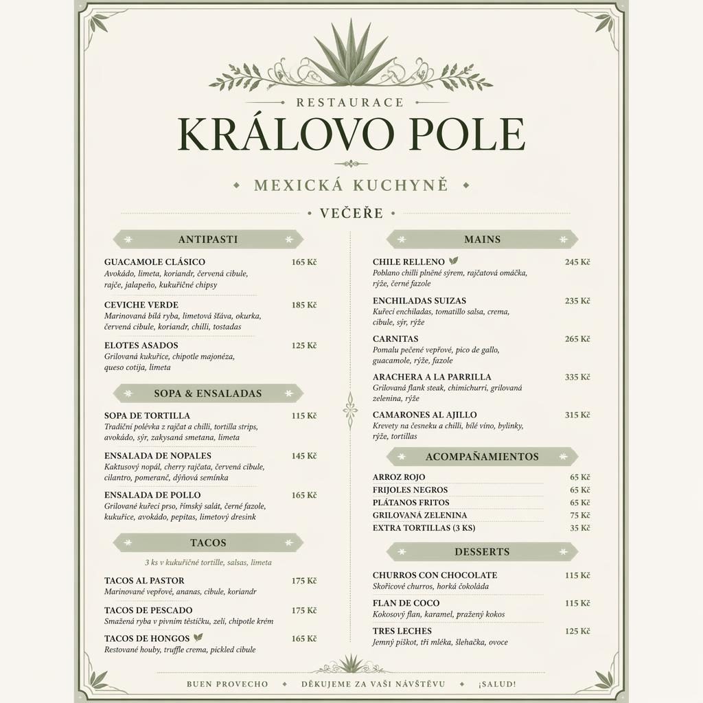 Luxusní A4 menu restaurace královo pole v šalvějové a slonovinové barvě s dekorativní hlavičkou a cenami.