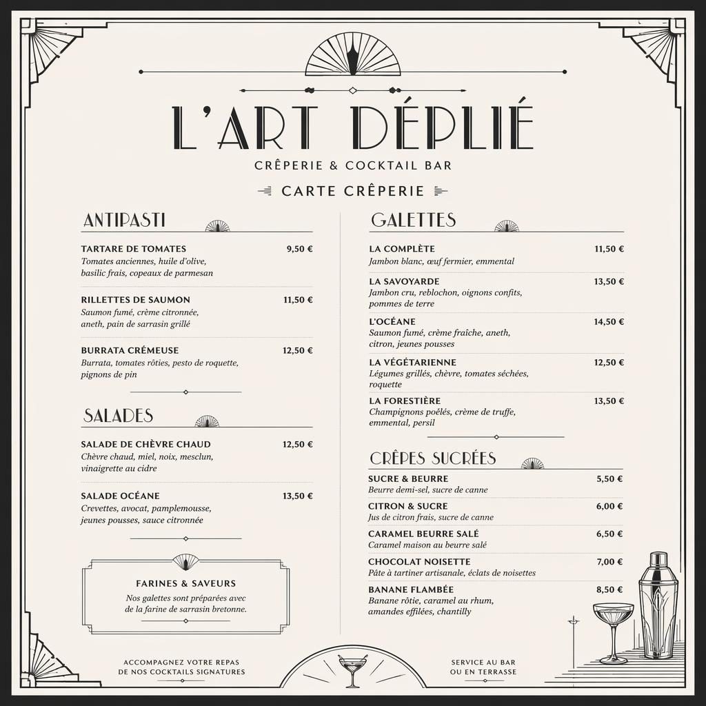 Carte creperie dessert en A4 portrait, style Art déco monochrome, en-tête décoratif, sections, prix et typographie sobre.