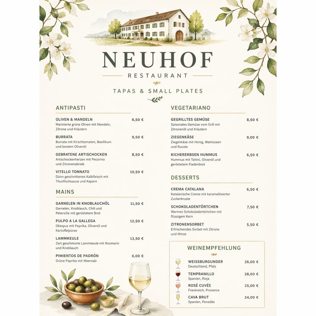A4-Menükarte im Hochformat für neuhof restaurant, Weinkarte in Aquarelloptik mit dekorativem Header, Rubriken und Preisen.