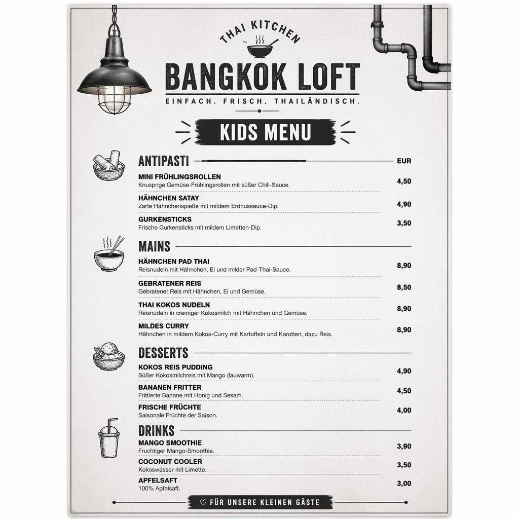 A4-Menükarte für Kinder im Thai-Stil, minimal monochrom, Industrial-Loft-Look mit Platzhaltertext und Preisspalte