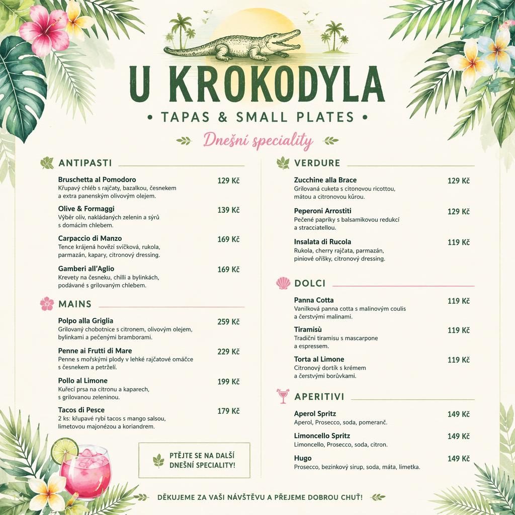 Menu karta A4 na výšku pro u krokodyla menu v tropickém stylu, s dekorativní hlavičkou, sekcemi jídel a cenami.