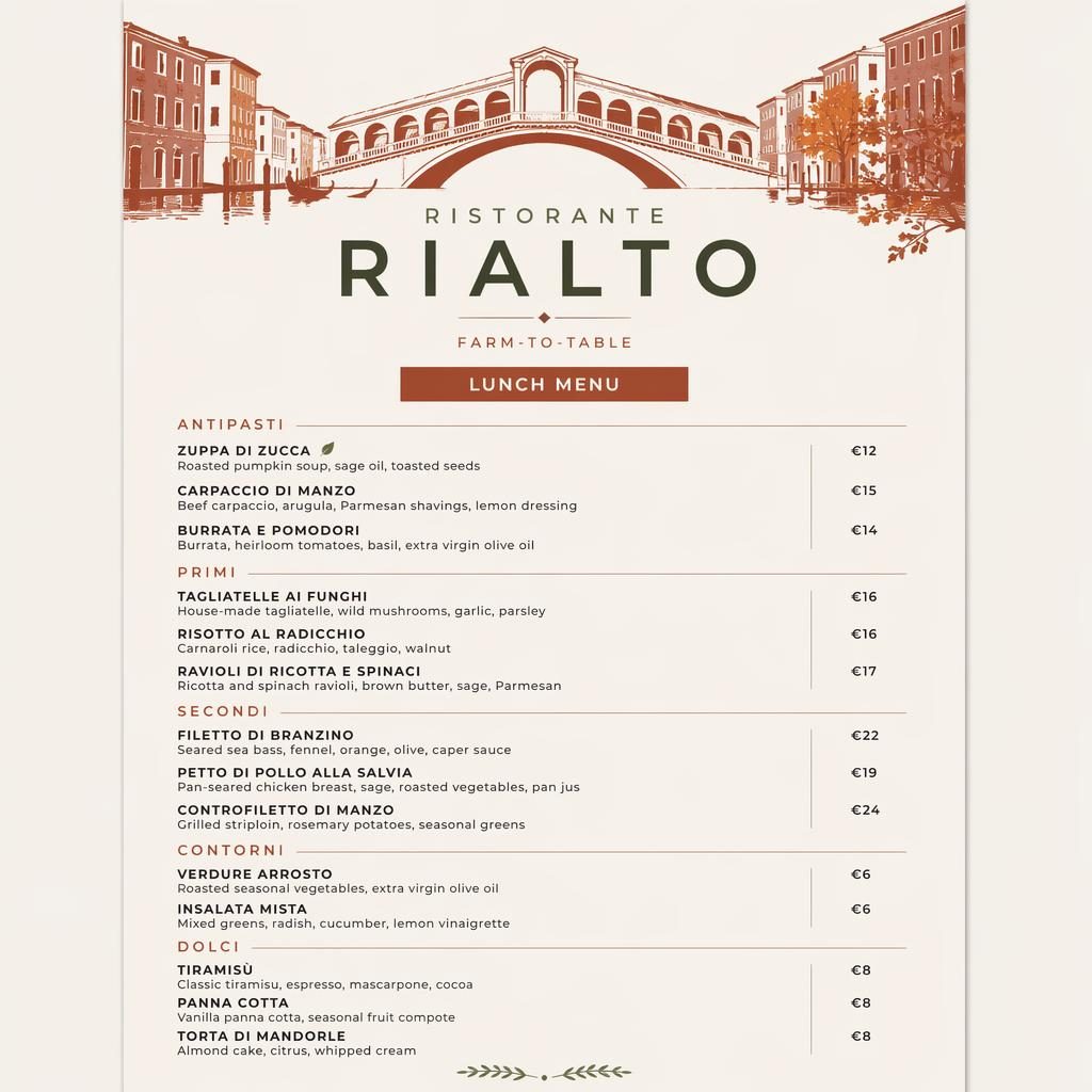 A4-Menükarte für Ristorante Rialto im minimalistischen Swiss-Design mit Herbstfarben, Rubriken, Gerichten und Preisleiste.