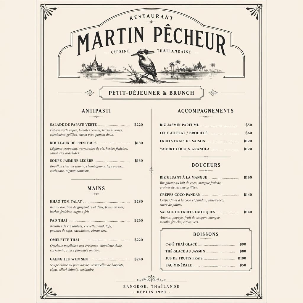 Carte de menu A4 portrait en noir et blanc, style vintage années 1920, pour martin pêcheur restaurant thaï