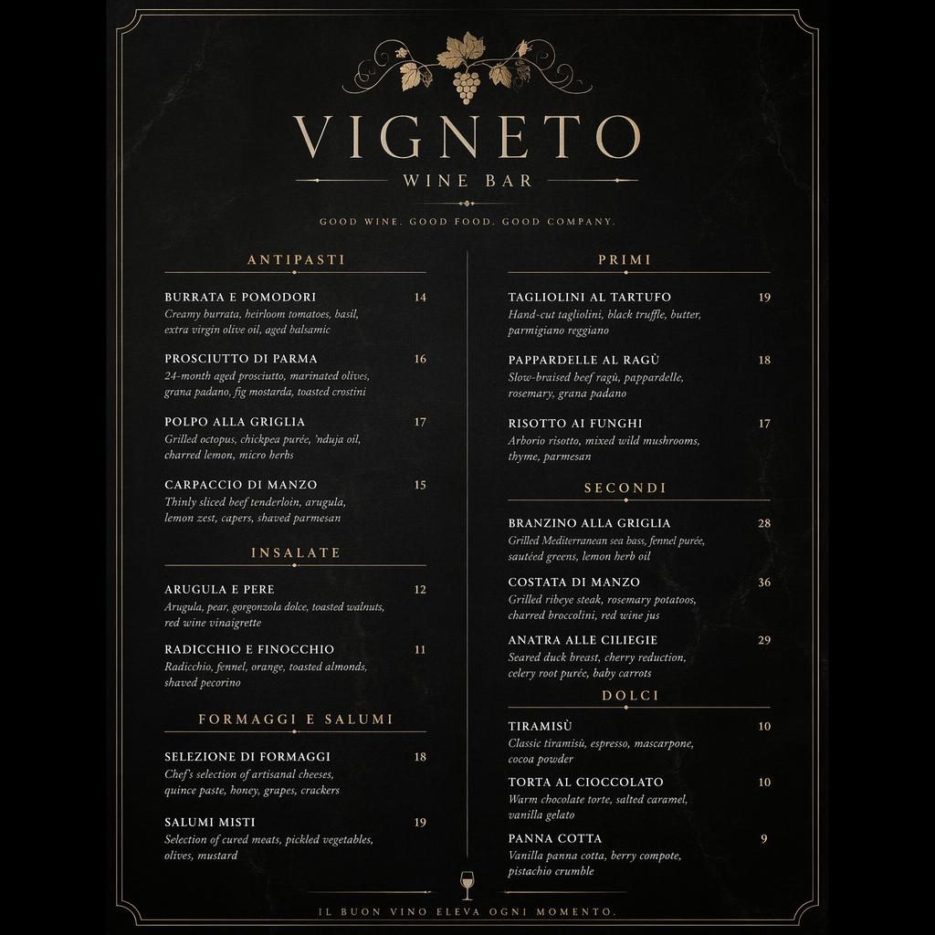 A4 portrait wine bar dinner menu card with dark moody luxury styling, decorative header, section headings, dishes and prices.