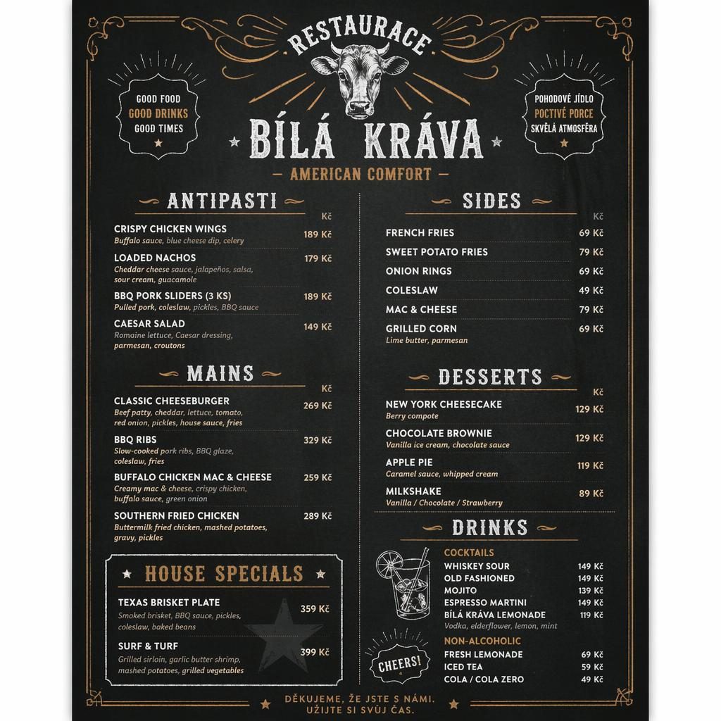 A4 koktejlový lístek restaurace bílá kráva v křídovém café stylu, teplé zemité tóny, ceny a dekorativní hlavička