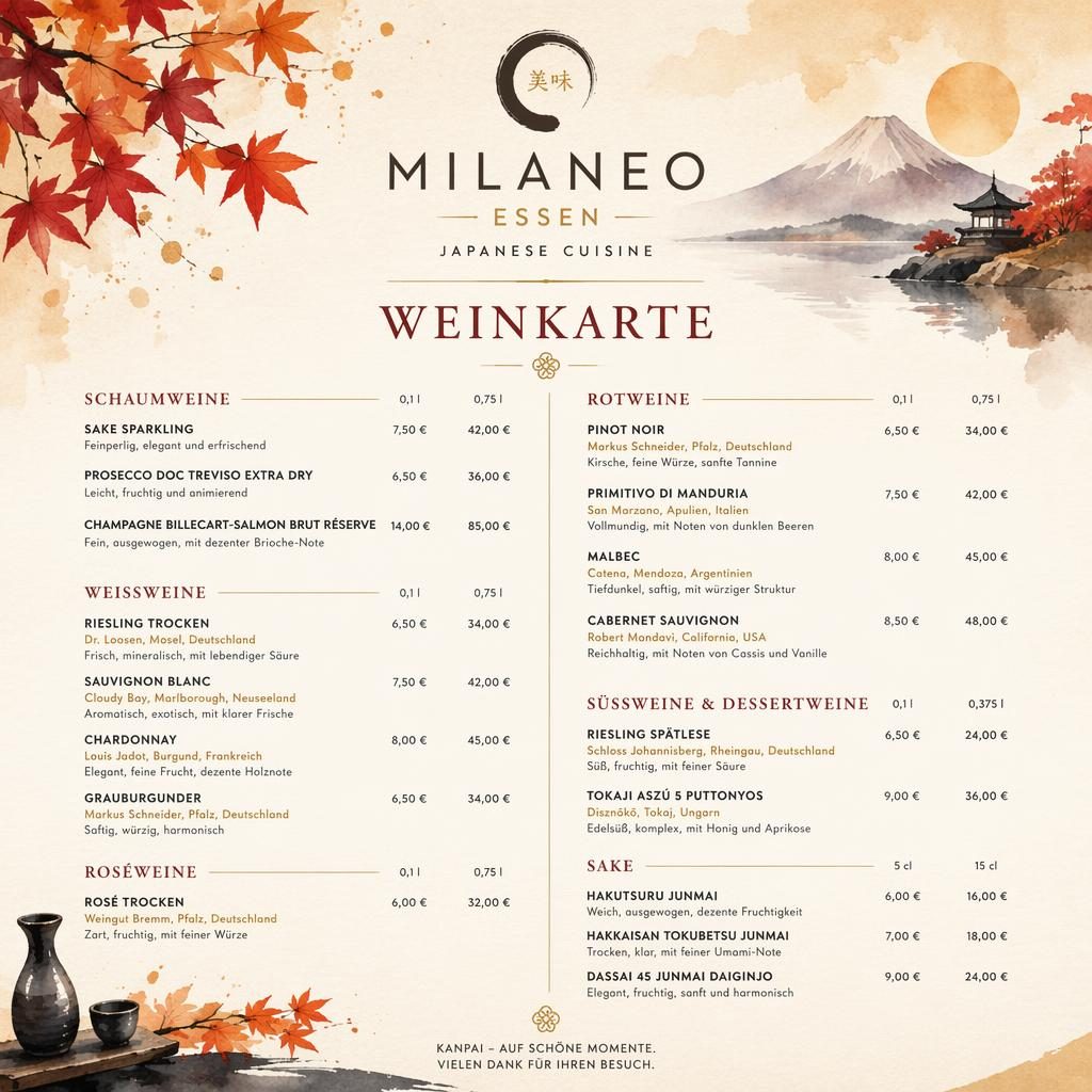 A4-Weinkarte für milaneo essen im japanischen Stil, Aquarelloptik, herbstliche Farben, Zierkopf, Platzhaltertext und Preise