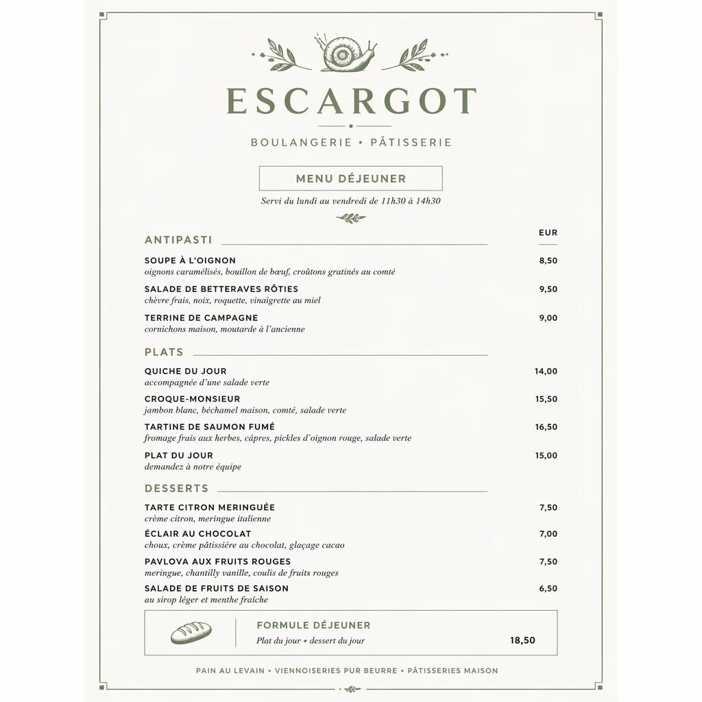 Carte de menu escargot A4 en portrait, style suisse minimaliste vert sauge et ivoire, avec en-tête décoratif, rubriques et prix.
