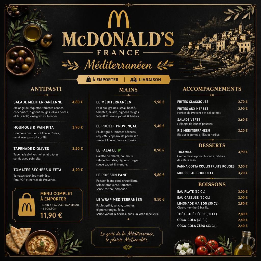 Carte de menu A4 portrait style rustique chic, palette noir et or, en-tête décoratif, sections et colonne de prix.