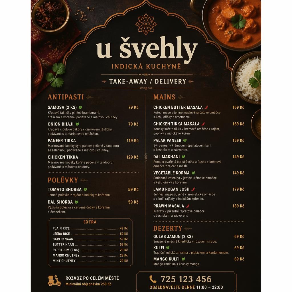 A4 menu karta u švehly menu v rustikálním tmavém stylu, indická jídla, sekce, popisy a sloupec s cenami