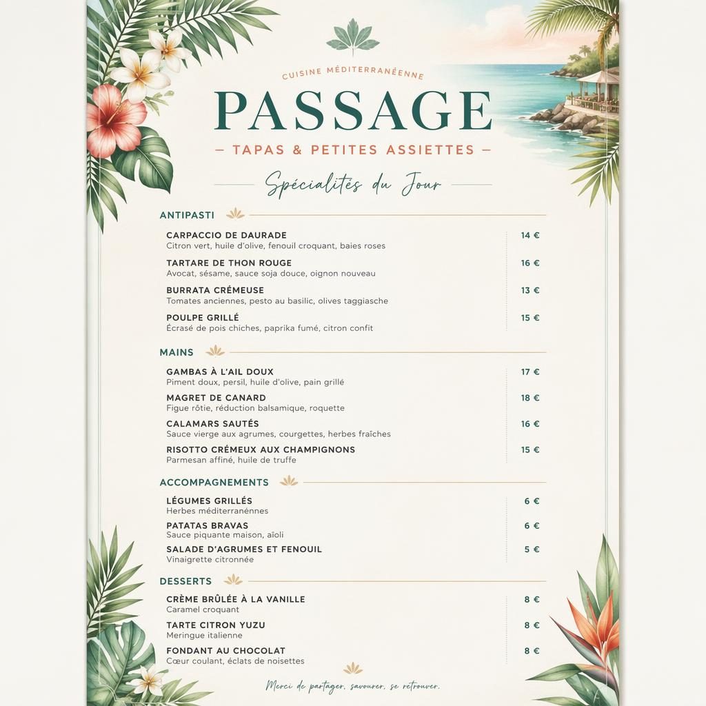Carte de menu A4 portrait pour restaurant passage, style resort tropical, rubriques, plats du jour et colonne de prix.