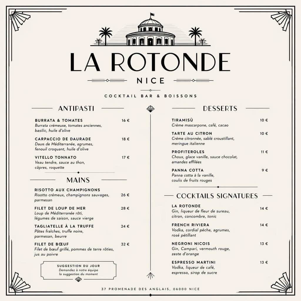 Carte de menu dessert A4 en portrait, style art déco monochrome, avec en-tête décoratif, rubriques et colonne de prix.