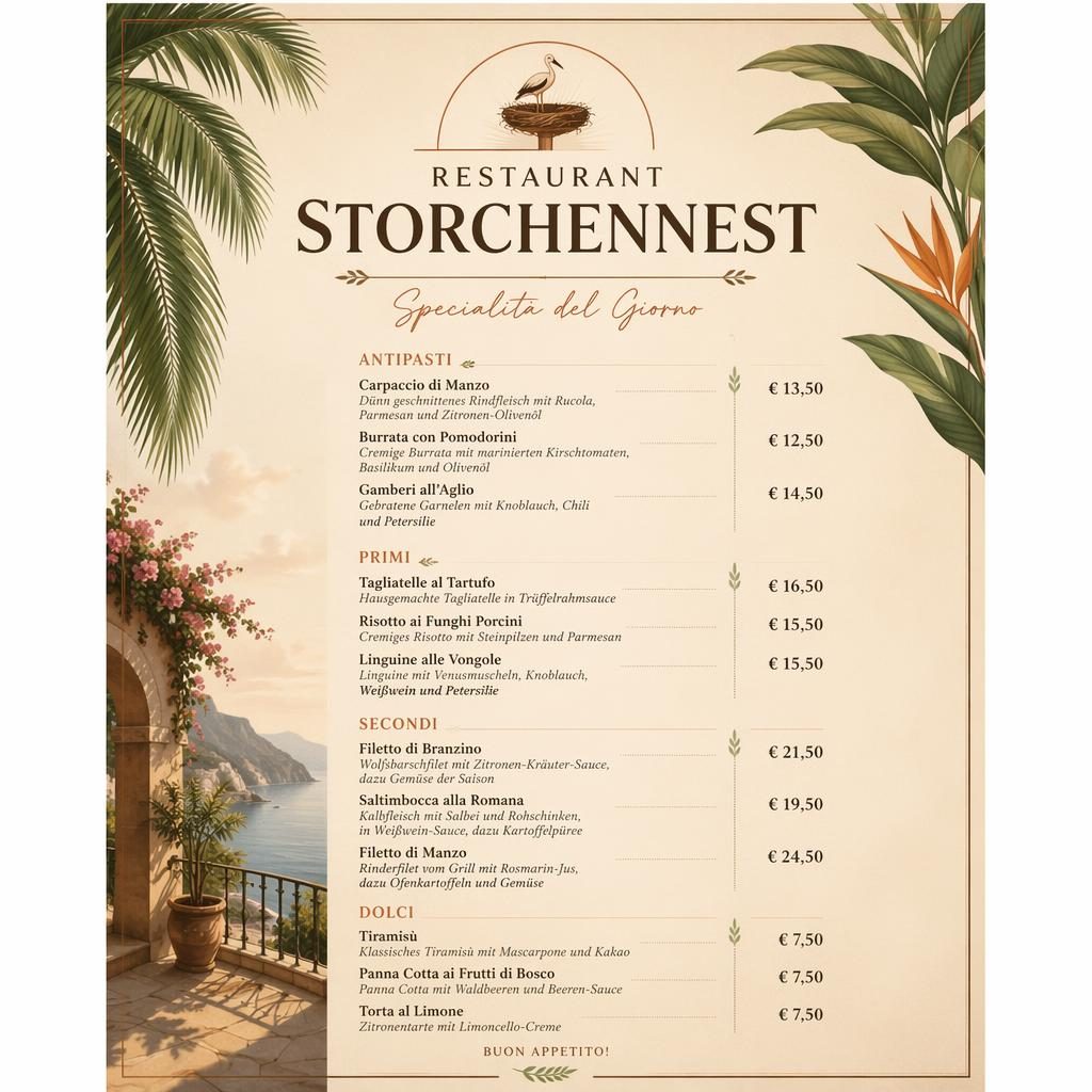 A4-Menükarte für Restaurant Storchennest im Tropical-Resort-Stil mit warmen Erdtönen, italienischen Tagesgerichten und Preisen.