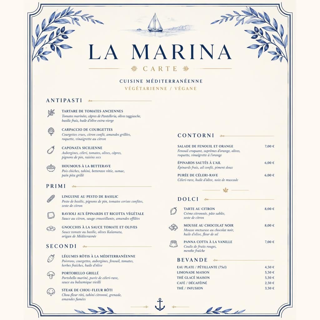 Carte de dîner végétarienne et vegan A4 en bleu méditerranéen et crème, style gastronomique avec rubriques et colonne de prix.