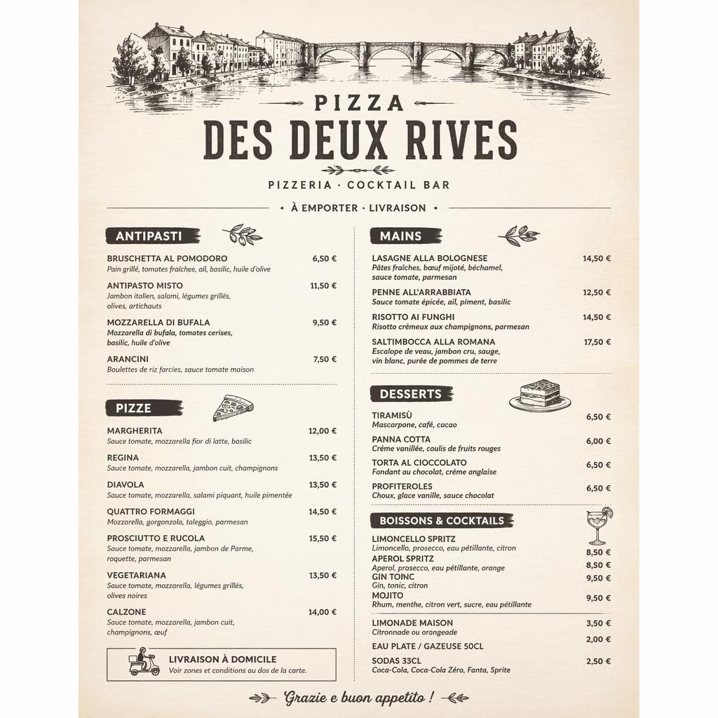 Maquette de carte A4 portrait pour pizza des deux rives carte, style rustique monochrome, rubriques, plats et prix.
