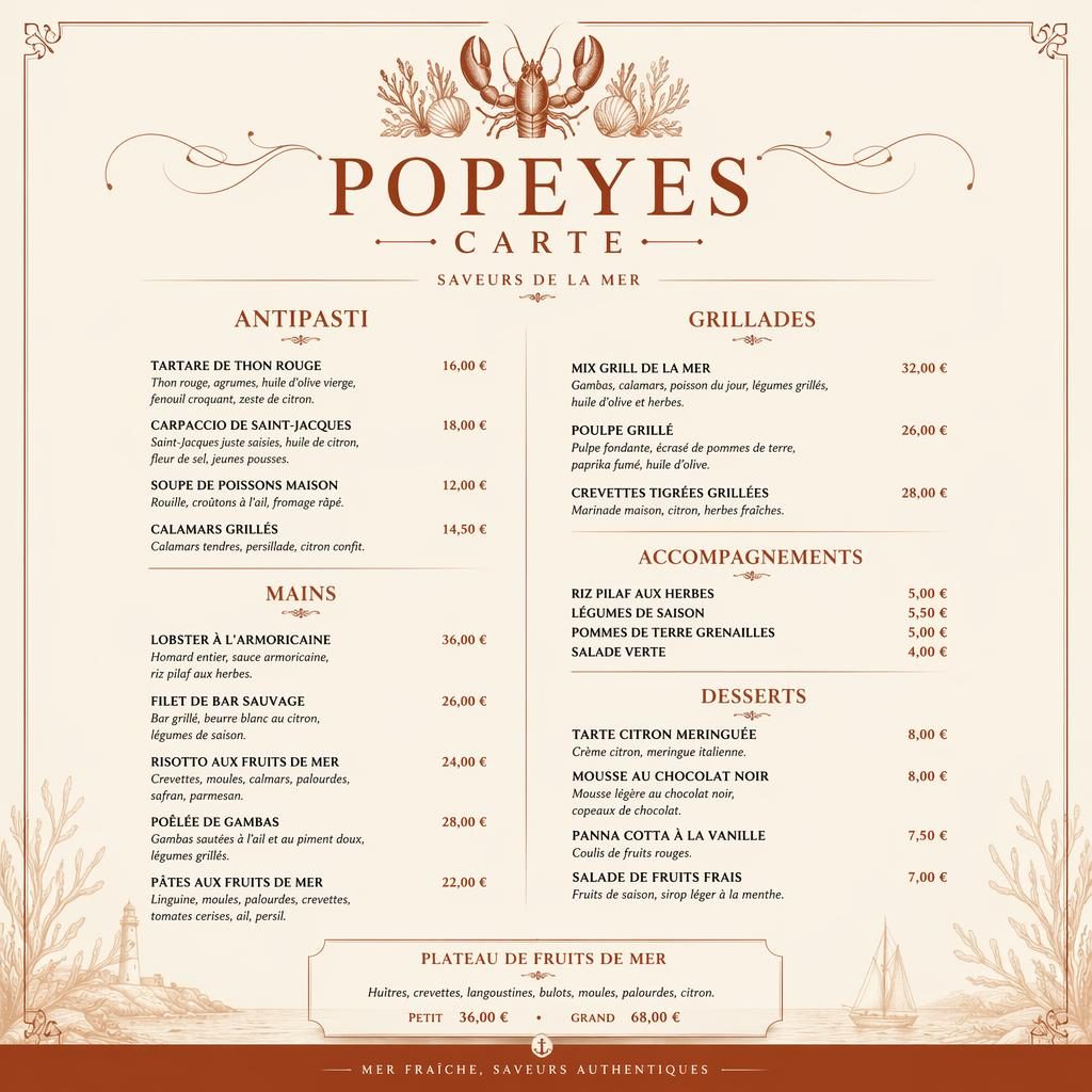 Carte de menu A4 portrait style gastronomique, tons crème chaud et rouille, rubriques, plats de fruits de mer et colonne de prix.