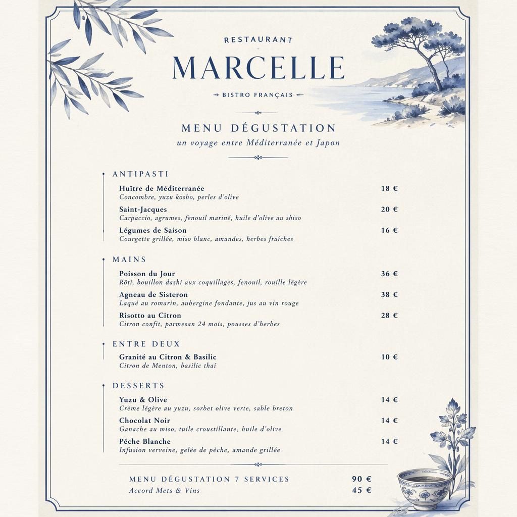 Carte menu A4 portrait pour restaurant marcelle, palette bleu méditerranéen et crème, en-tête décoratif, rubriques et prix.