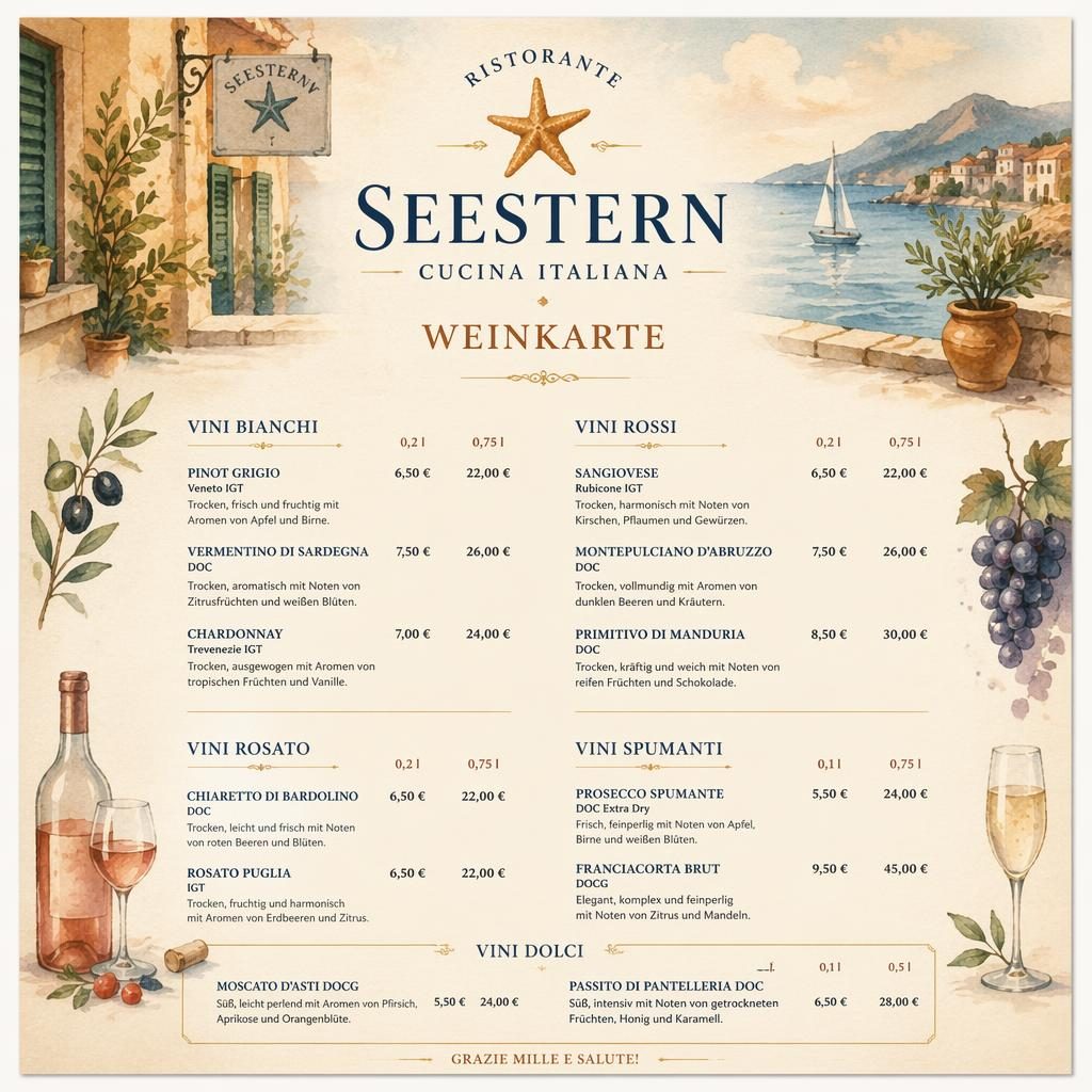 A4-Menükarte als Weinkarte für Restaurant Seestern, italienisch, mit Aquarellstil, warmen Erdtönen und Preis-Spalte.