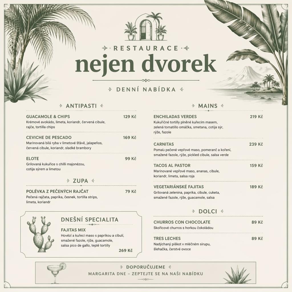 A4 menu karta na výšku pro restaurace nejen dvorek v tropickém stylu, šalvějová a slonovinová paleta, ceny a sekce.