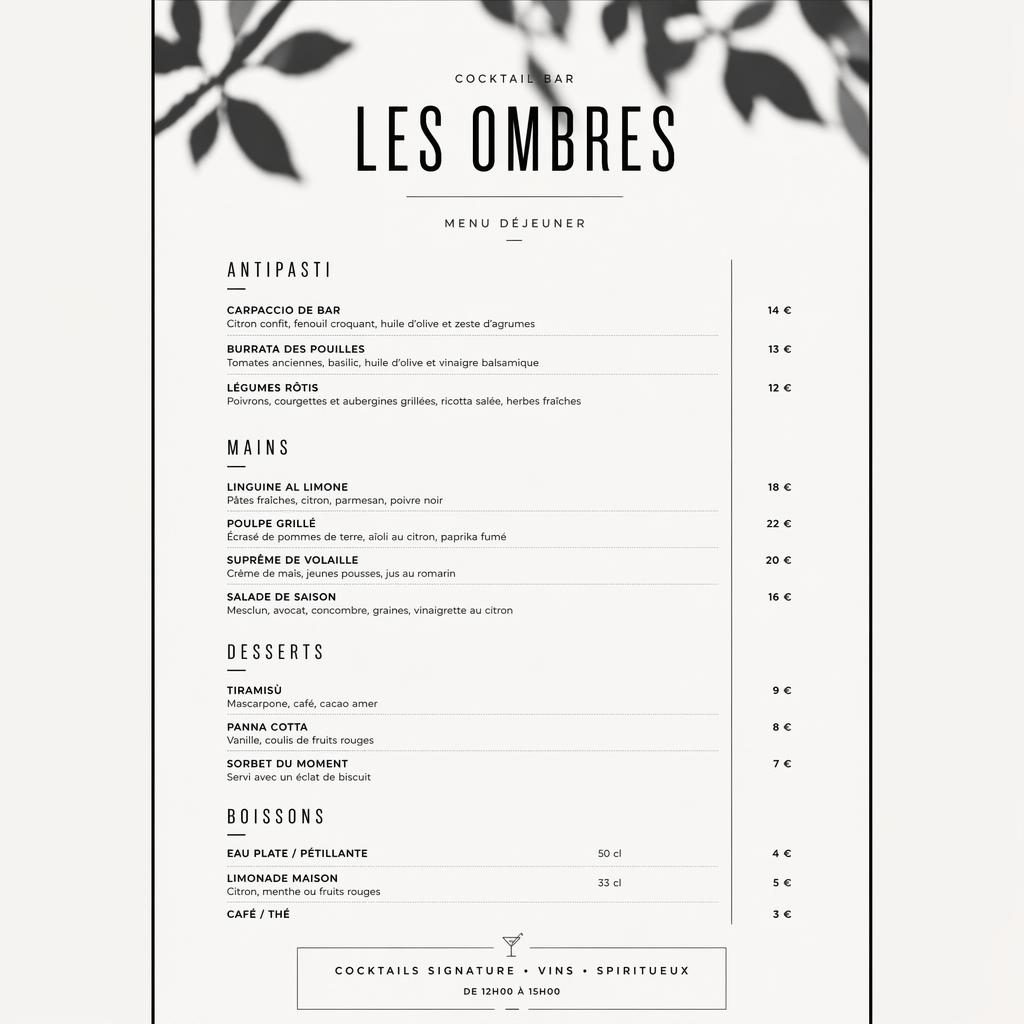 Carte de menu A4 verticale minimaliste en noir et blanc, style suisse, avec en-tête décoratif, rubriques et colonne de prix.