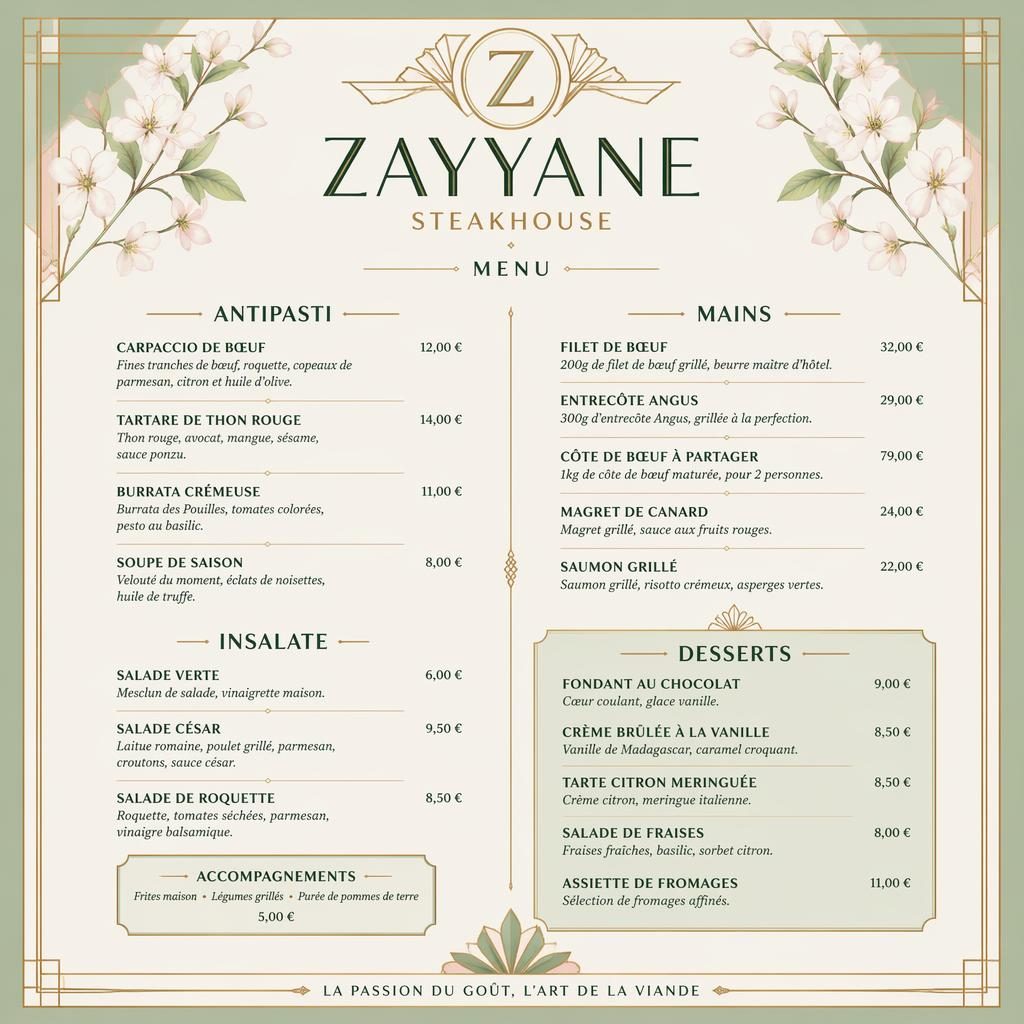 Carte de desserts A4 portrait pour zayyane menu, style art déco, palette printanière, en-tête décoratif et colonne de prix.