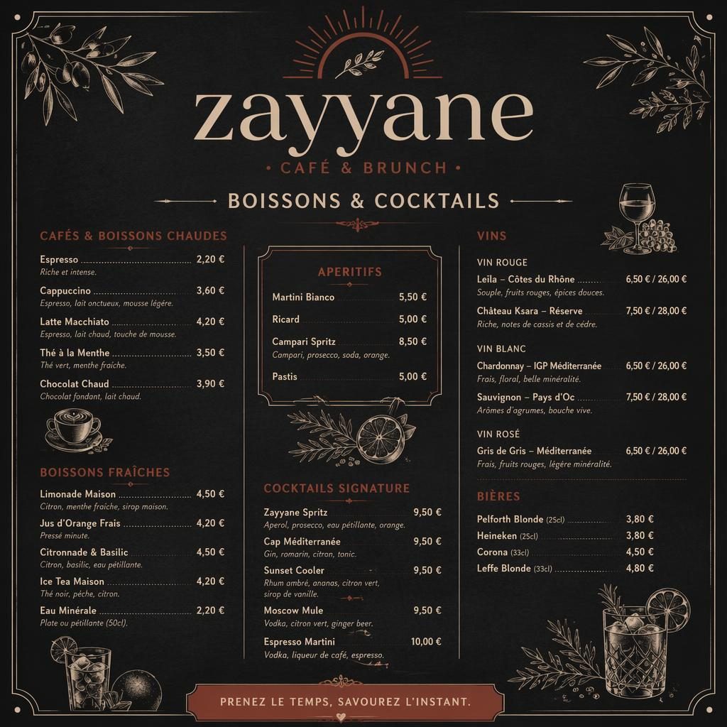 Carte de menu cocktails A4 en style ardoise café, tons crème chaud et rouille, en-tête décoratif et prix visibles.