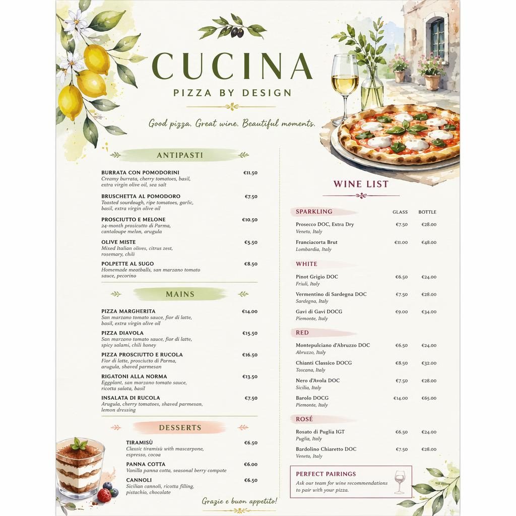 A4 portrait wine list menu card for cucina pizza by design menu with watercolor styling, spring palette, headings, prices.