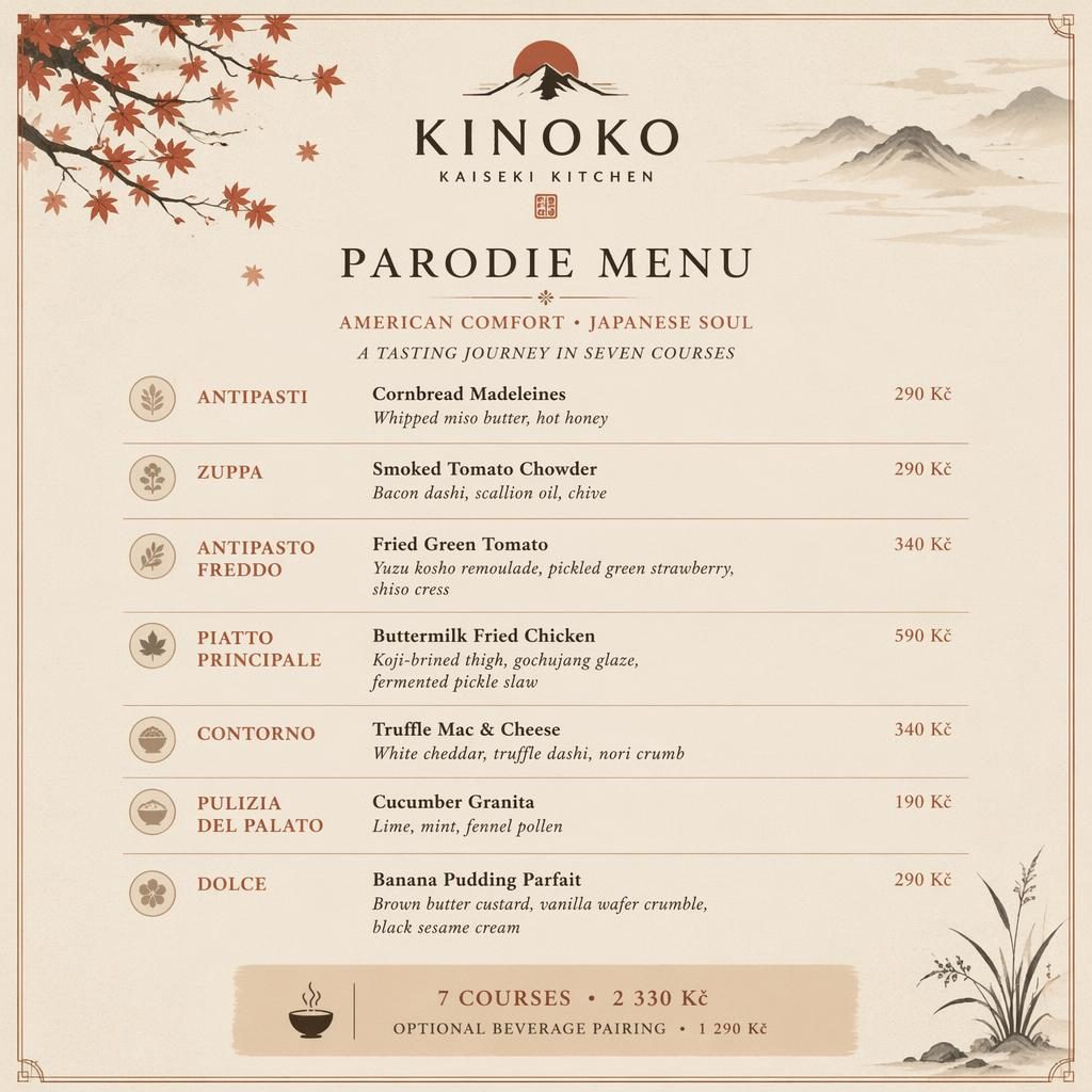 A4 menu karta na výšku v teplé zemité paletě, kaiseki styl, dekorativní záhlaví, sekce jídel a sloupec cen.