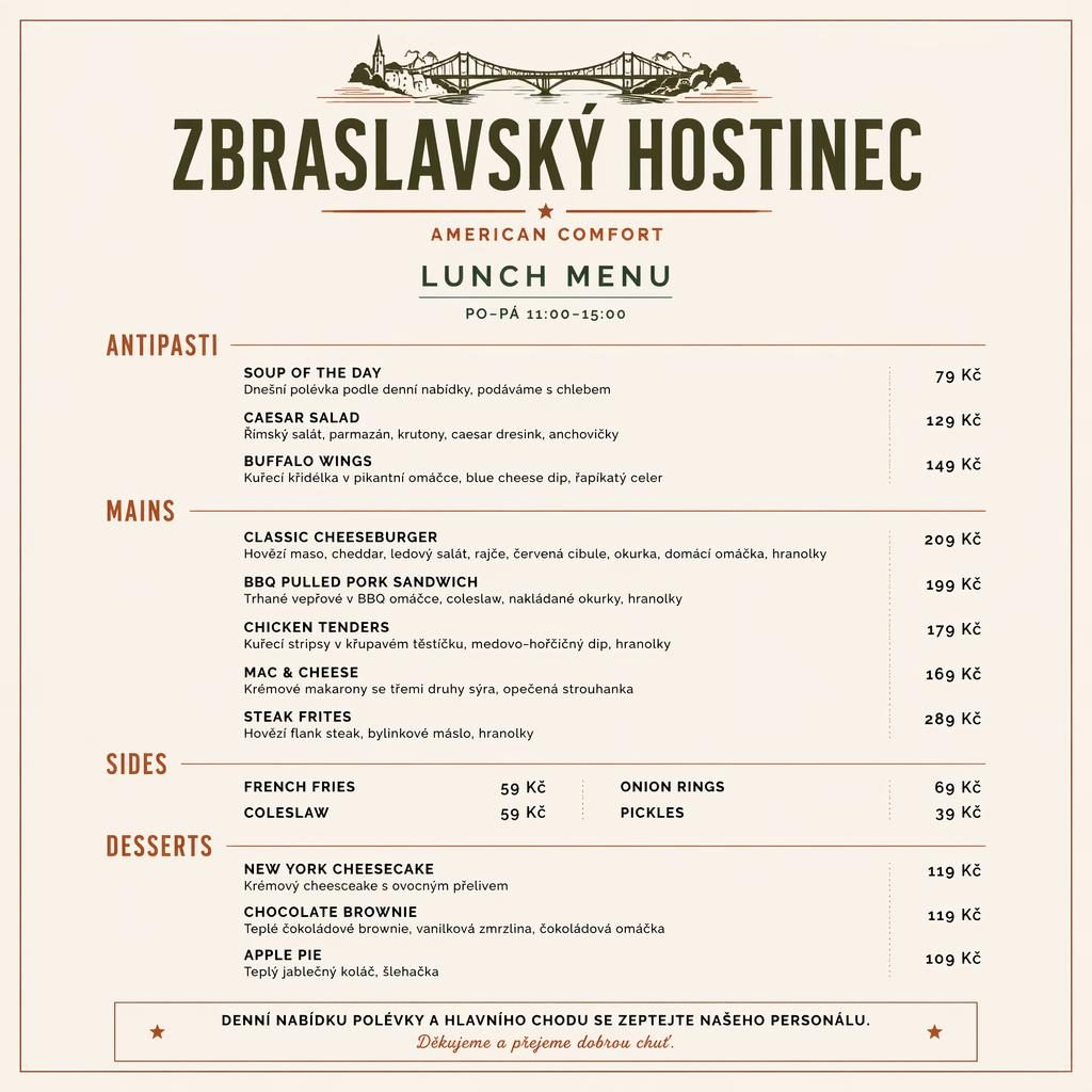 A4 menu karta pro zbraslavský hostinec, minimalistický švýcarský styl, teplé zemité tóny a sloupec s cenami.