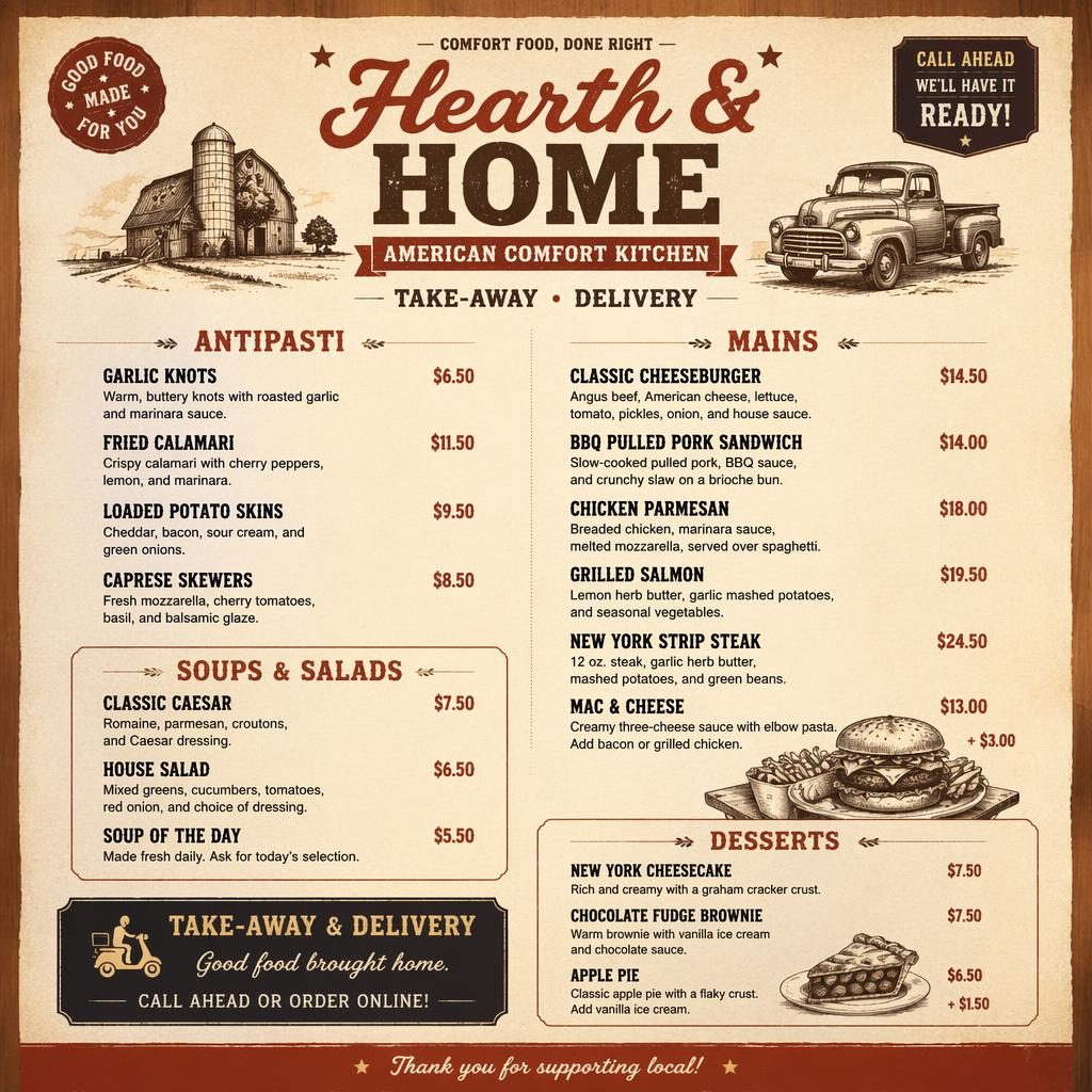 A4 portrait take-away restaurant graphic menu card with rustic warm earth tones, decorative header, sections, dishes, and prices.