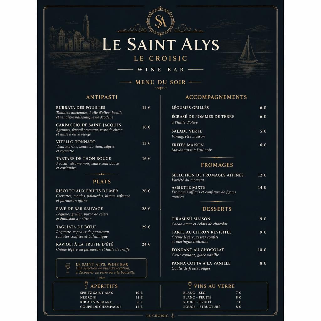 Carte de menu dîner A4 en portrait, style gastronomique sombre et raffiné, avec en-tête décoratif, rubriques et prix.