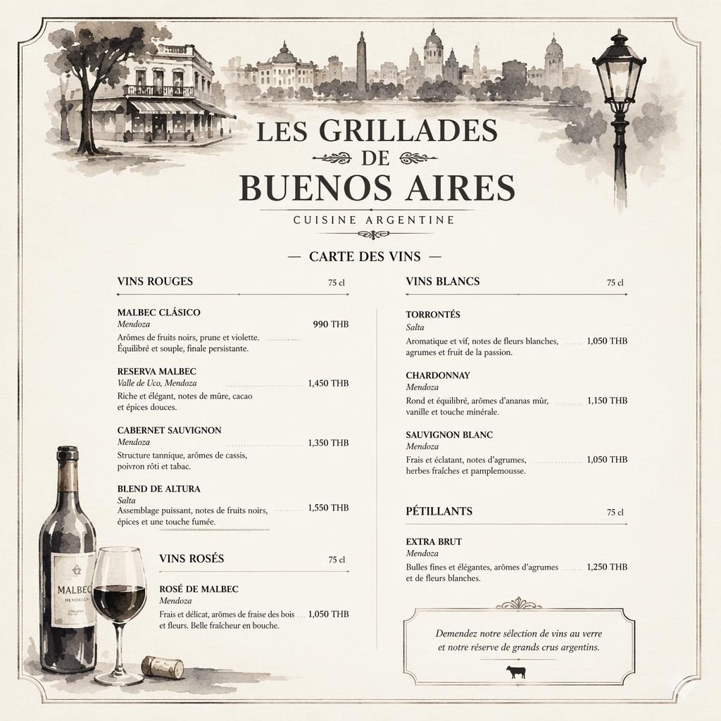 Carte des vins A4 en style aquarelle cosy monochrome, avec en-tête décoratif, sections, faux textes et colonne de prix.