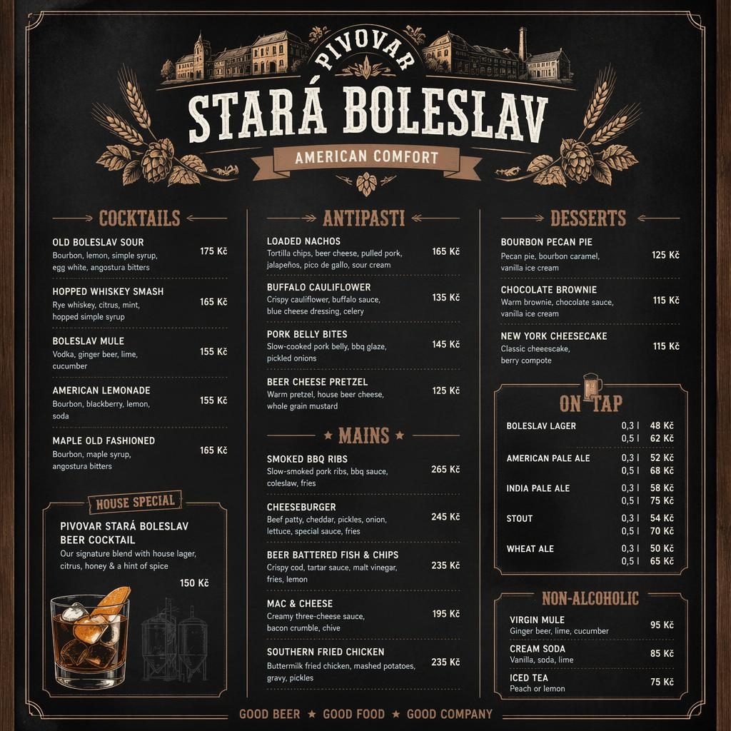 A4 koktejlový menu card ve stylu chalkboard cafe pro pivovar stará boleslav, teplé zemité barvy, dekorativní záhlaví.