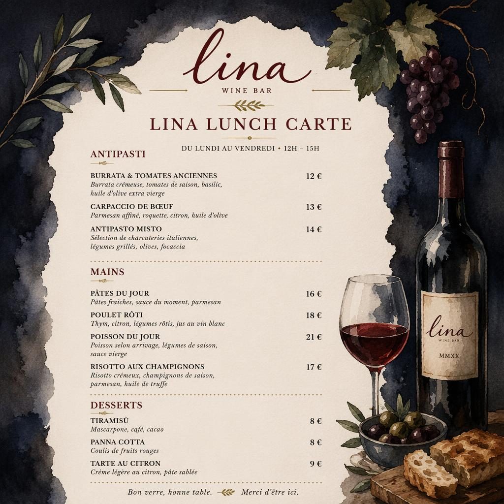 Carte des vins A4 en portrait pour lina lunch carte, style aquarelle cosy, palette sombre, en-tête décoratif et colonne de prix.
