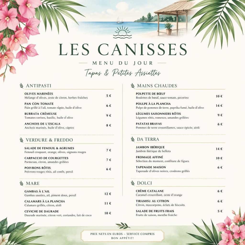 Carte de menu A4 portrait les canisses menu, style resort tropical, palette printanière, rubriques et prix en maquette.