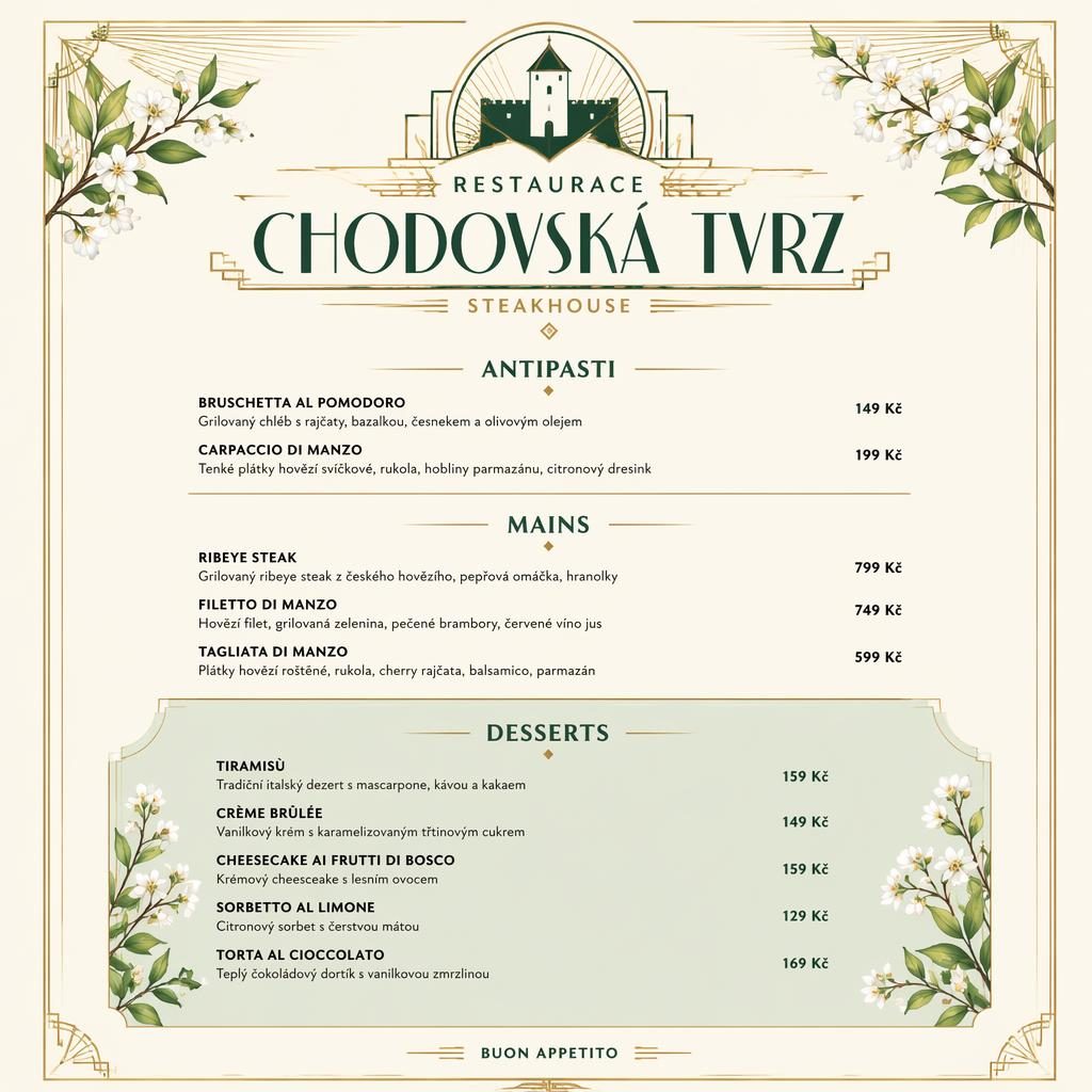 A4 dezertní menu pro restaurace chodovská tvrz, art deco styl, jarní paleta, dekorativní záhlaví a sloupec cen