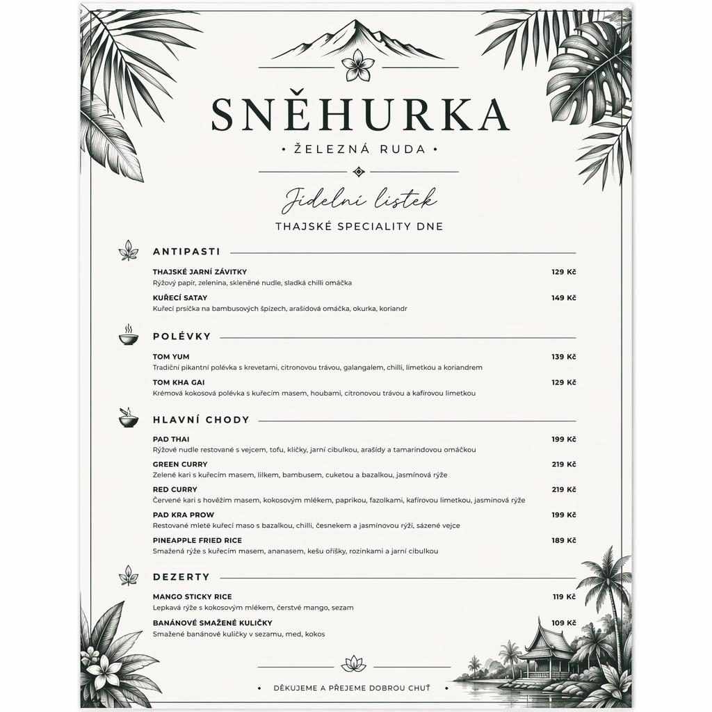 A4 jídelní lístek s thajskými denními specialitami, tropický resort styl, monochromní paleta, ceny a dekorativní záhlaví